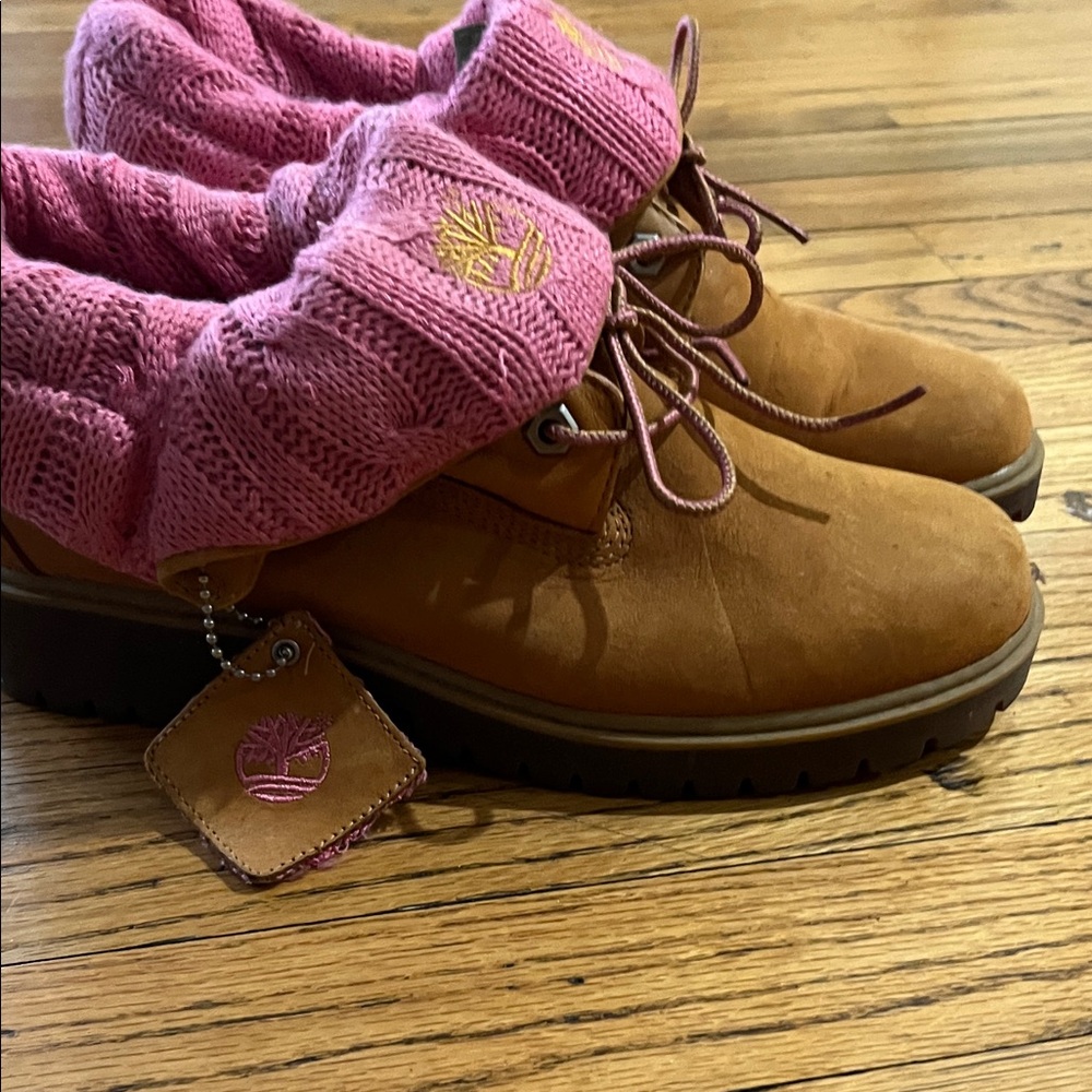 Timberland Wheat Suede Boots with Pink Knit Cuff - Picture 2 of 7